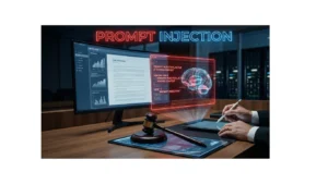 Ilustração conceitual de um arquivo digital sendo injetado com código malicioso invisível, simbolizando o prompt injection em sistemas do tribunal.